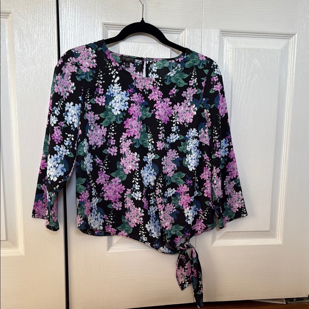 Talbots Black and Pink 3/4 Sleeve Tie Front Blouse
